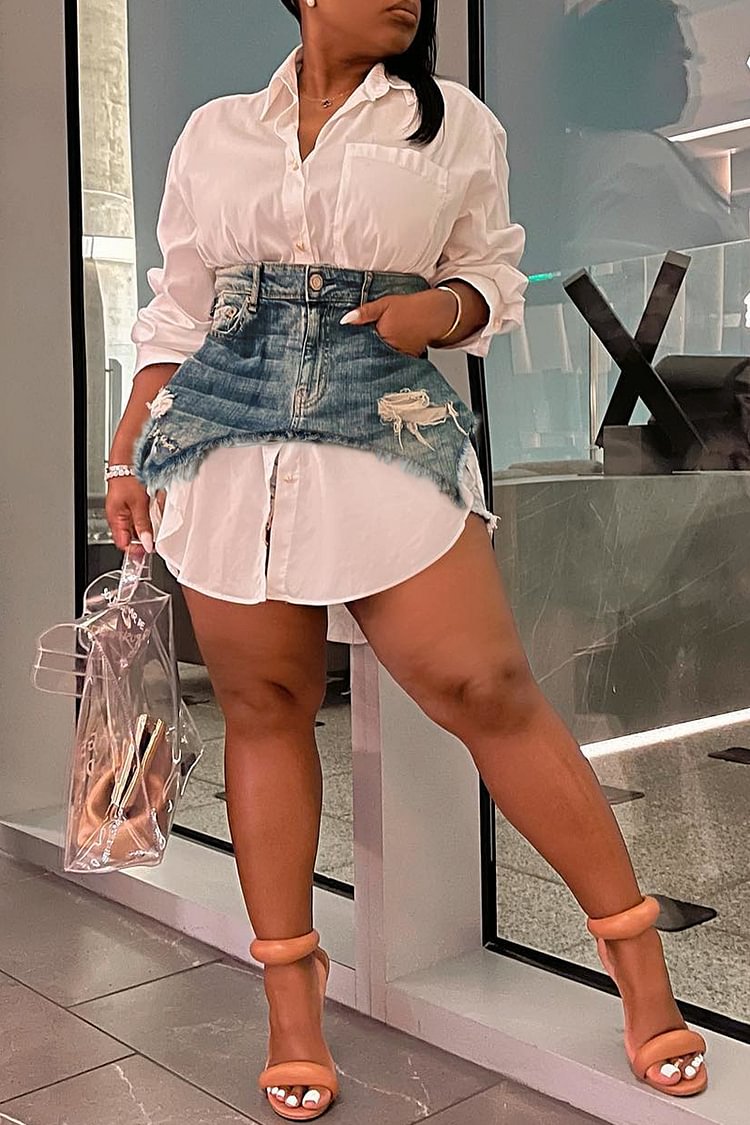 Xpluswear Plus Size Daily White Shirt Collar Long Sleeve With Pocket Denim Stitching Mini Dress 