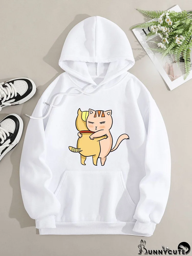 Printed on front Kangaroo Pocket Hoodie Long Sleeve for Women Pattern  Two Cats Hugging