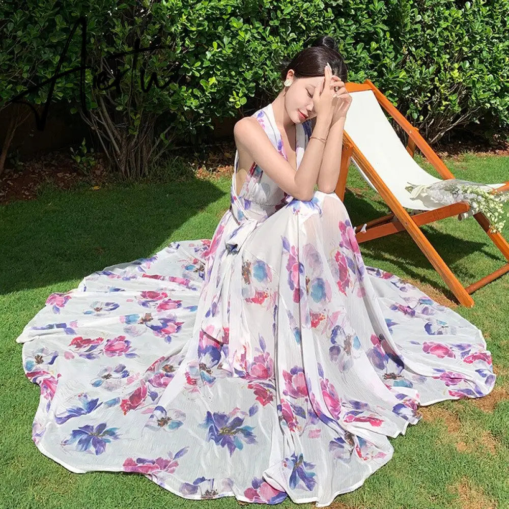 New Elegant Printed Dress Women's French Halter Neck Backless Sexy Floral Dress Summer Female V-Neck Beach Holiday Dress Aiertu