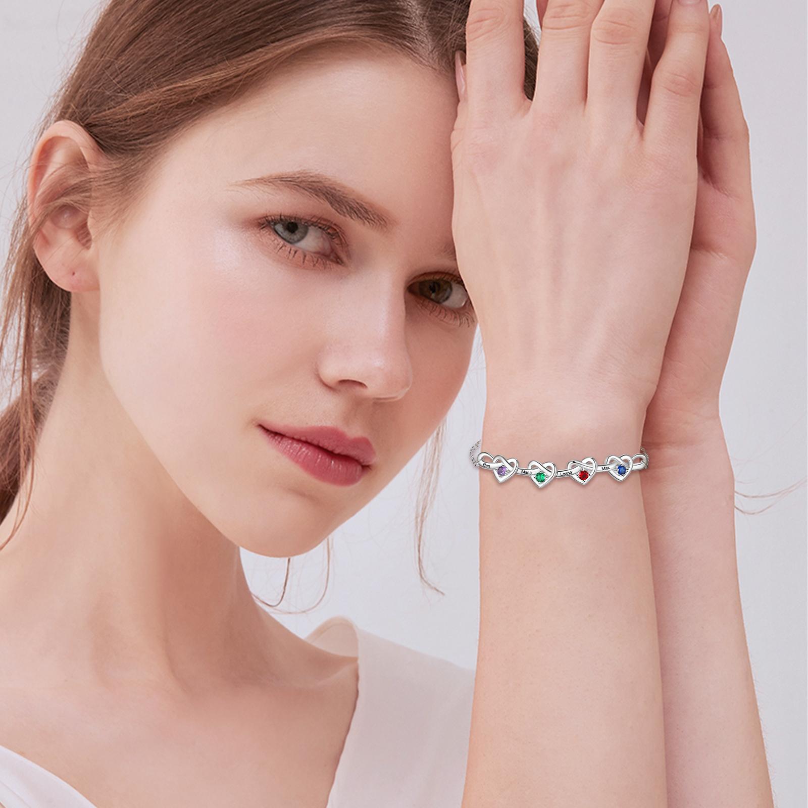 4 Names - Personalized Linked Heart Bracelet Custom 4 Birthstones Engraved Text Bracelets- Mother's Day Gift for Mom/Grandma