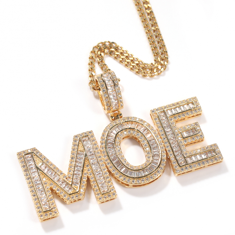 Custom Name Iced Out Baguette Square Letter Pendant Necklace Personalized Jewelry-VESSFUL