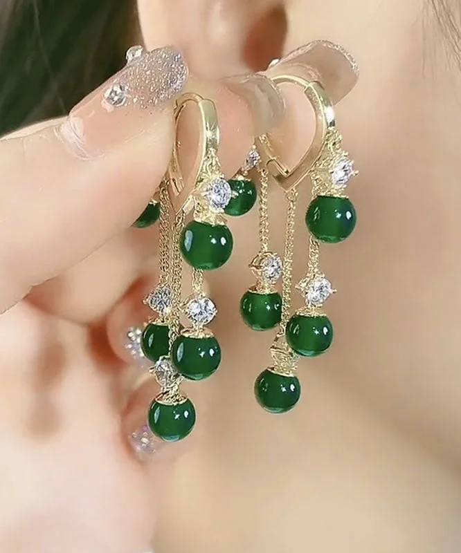 Stylish Green Zircon Overgild Gem Stone Tassel Drop Earrings