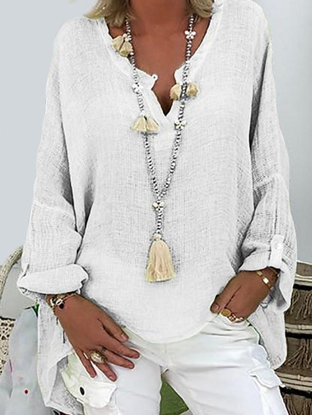 Women's Plus Size T shirt Solid Colored Long Sleeve V Neck Tops Loose Basic Top White Black Blushing Pink-806