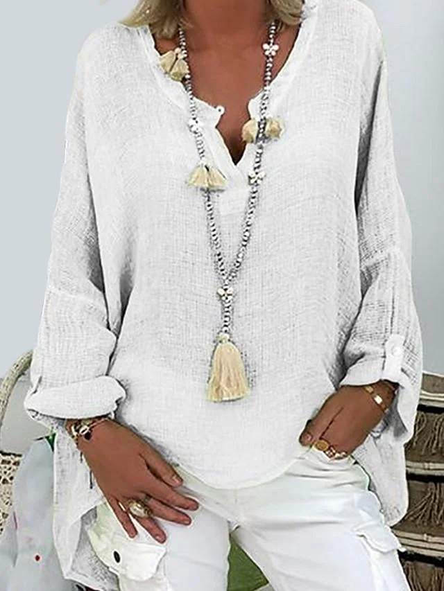 Women's Plus Size T shirt Solid Colored Long Sleeve V Neck Tops Loose Basic Top White Black Blushing Pink-806