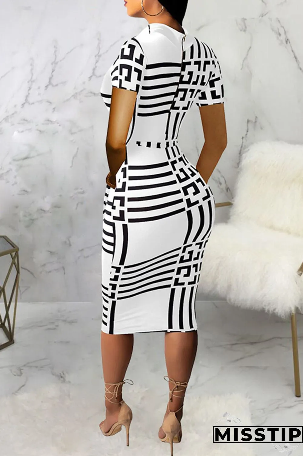Brown Fashion Casual Print With Belt Turtleneck Short Sleeve Dress Dresses