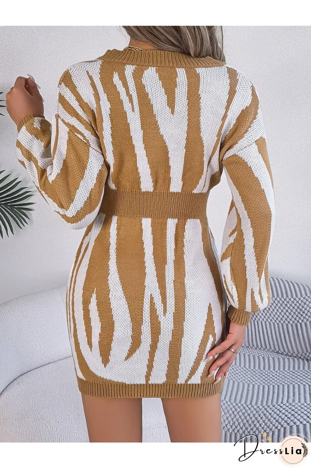Animal Print V-Neck Long Sleeve Sweater Dress