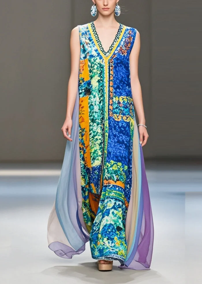 Modern Blue V Neck Patchwork Print Chiffon Robe Dresses Sleeveless Summer