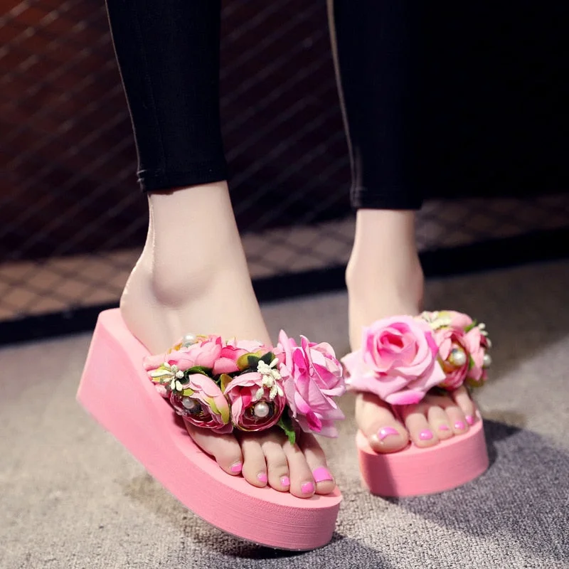 Slippers Women Handmade Slippers Summer Flip Flop Flowers Female High Heel Ladies Bohemia Beach Sandal Slippers Home Slippers