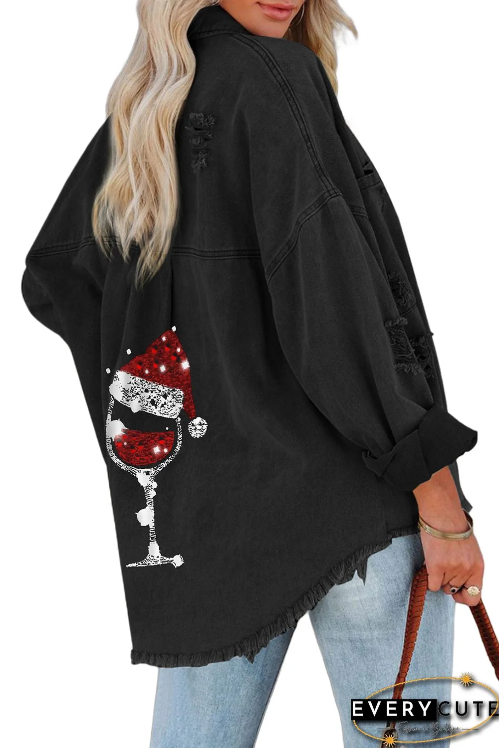 Black Christmas Hat Wine Glass Print Distressed Denim Jacket