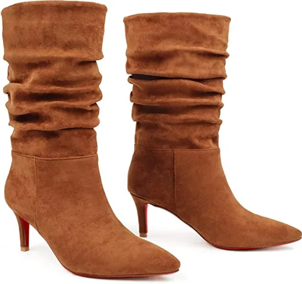 65mm Women's Low Heel Boots Mid-Calf High Wrinkled Slouchy Red Bottom Boots VOCOSI VOCOSI