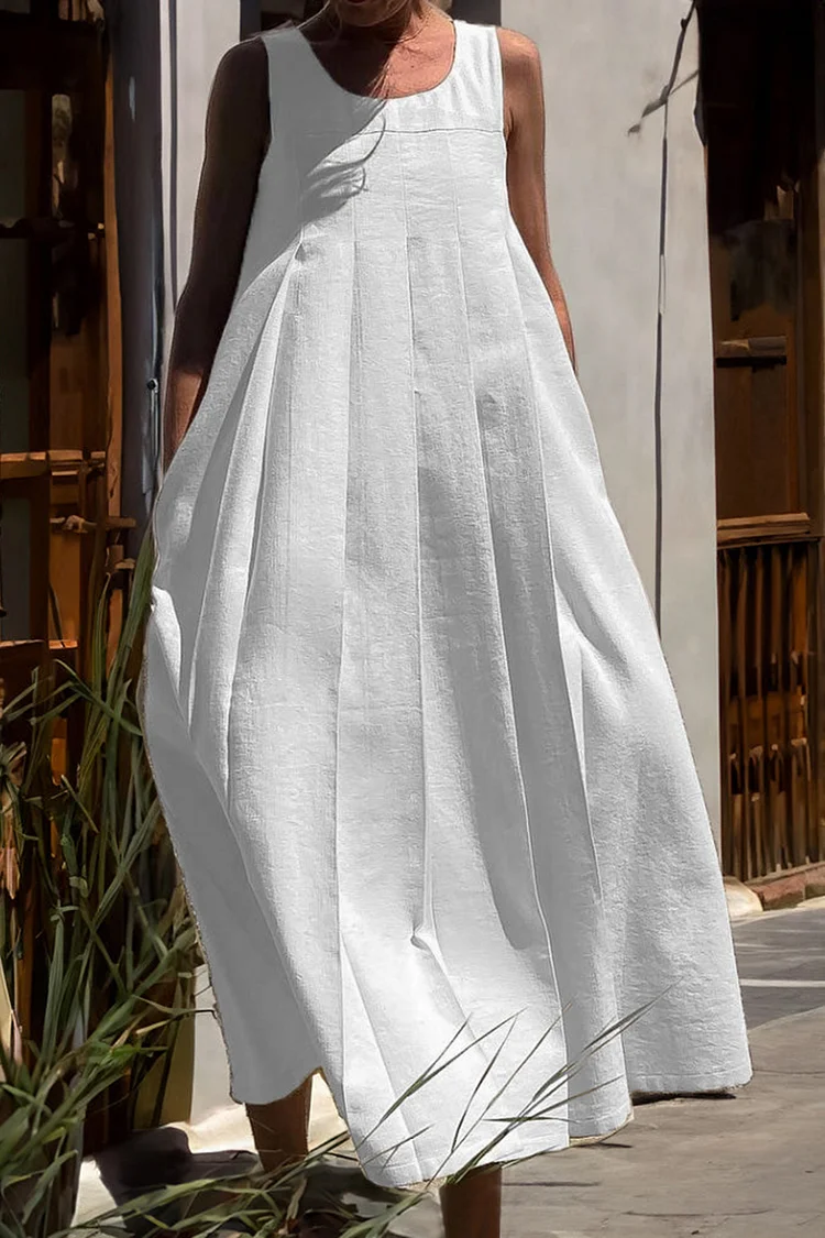Sleeveless Round Neck Pleated Plain Linen Casual Maxi Dresses [Pre Order]