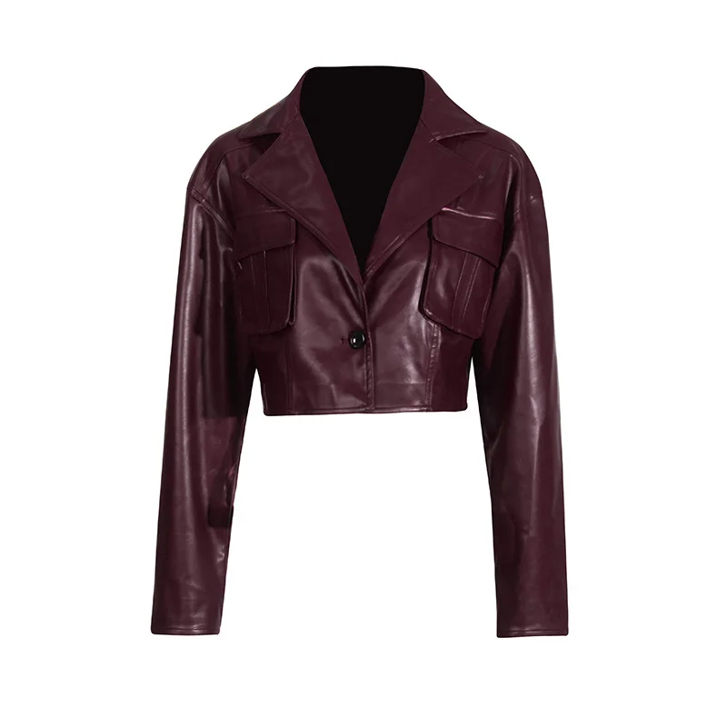 Woherb Woherb Temperament Jacket Jacket Female 2024 Autumn New Design Sense Big Lapel Splicing Pocket Short Leather Coat Female-Outfit Ideas