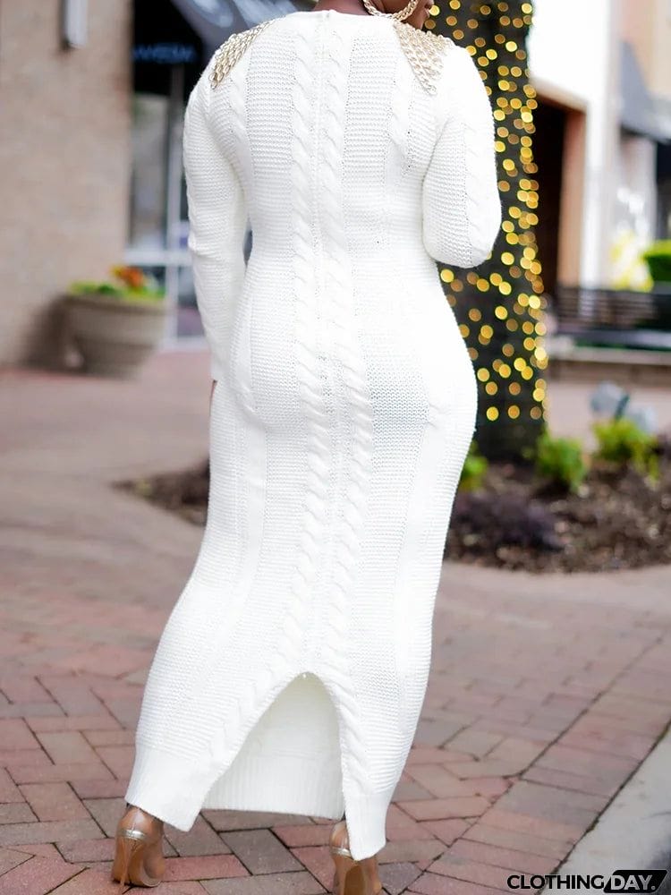 Fashion Wrap Color-Block Crochet V-Neck Sweater Maxi Dresses