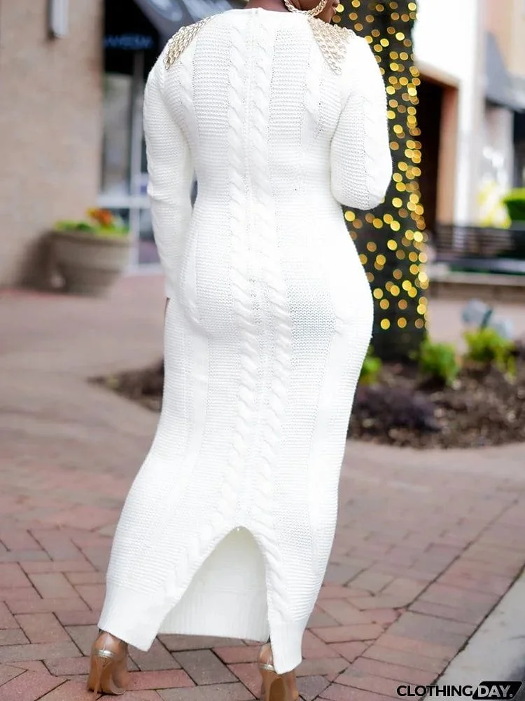 Fashion Wrap Color-Block Crochet V-Neck Sweater Maxi Dresses