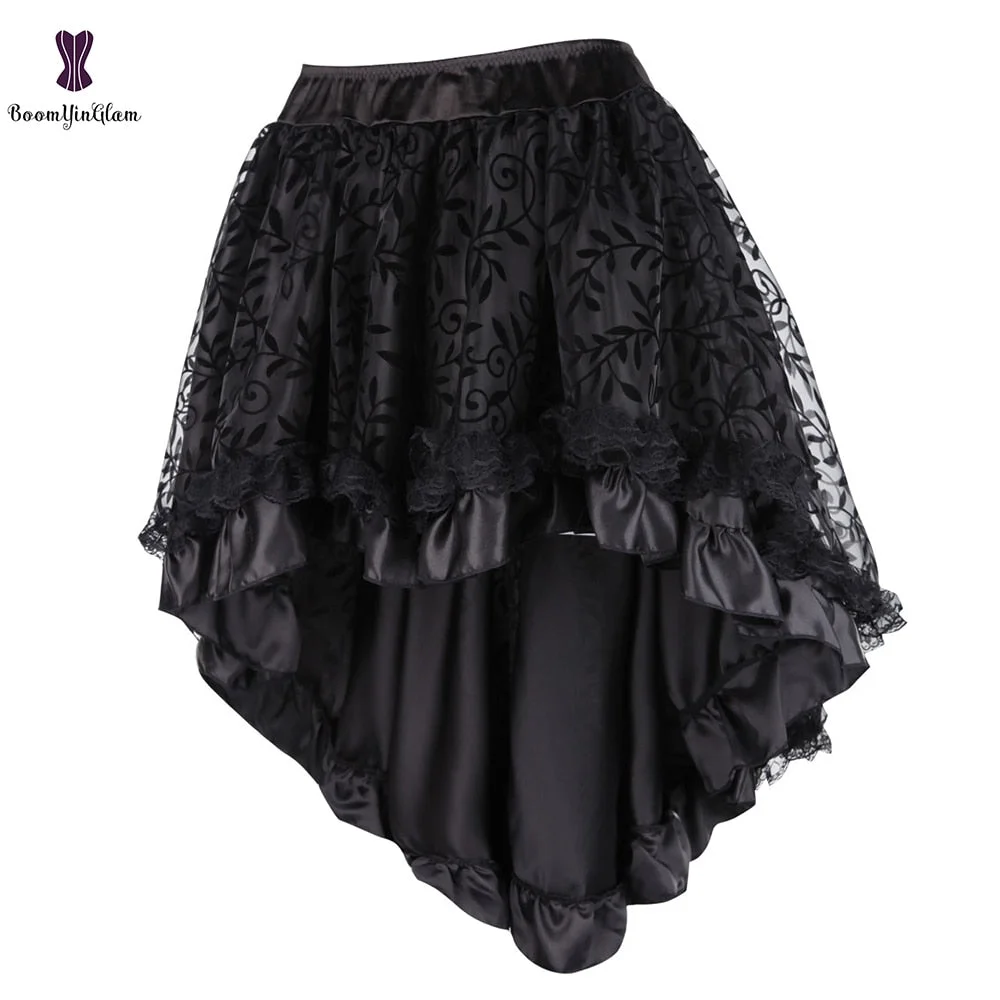 Black Women's Victorian Asymmetrical Ruffled Satin Lace Trim Gothic Skirts Vintage Corset Steampunk Skirt Cosplay Costumes 937#