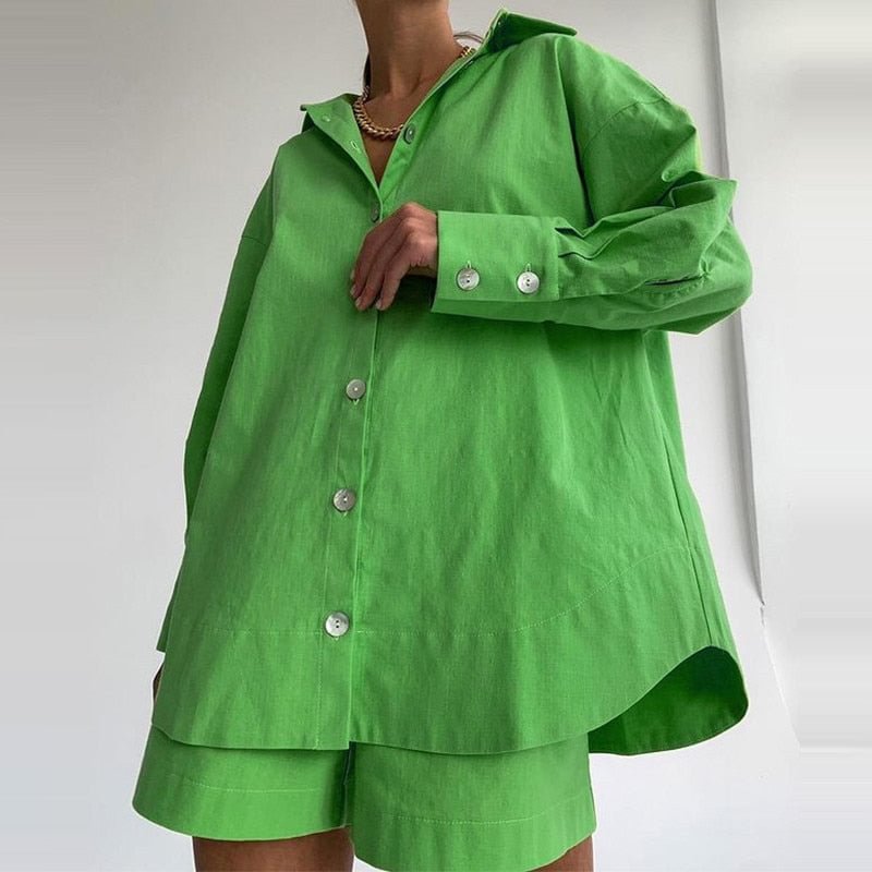 Casual Women Short Set Tracksuit Loungewear Two Piece Women Outfits Oversized Long Shirt And High Waist Shorts Green