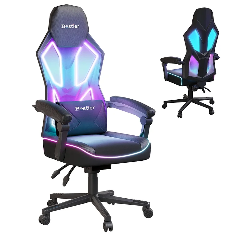Bestier Gaming Chair with RGB LED Lights, Breathable Fabric Computer Chair with Pocket Spring Cushion and Armrests, Light Up Gamer Chair with Lumbar Support(Black)