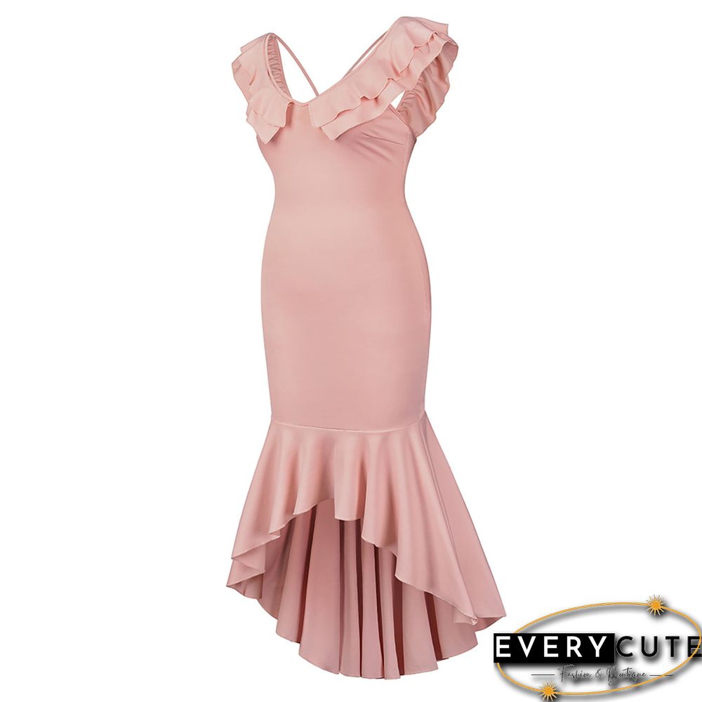 Pink Mermaid Hem Ruffle Sleeveless High Low Evening Dress