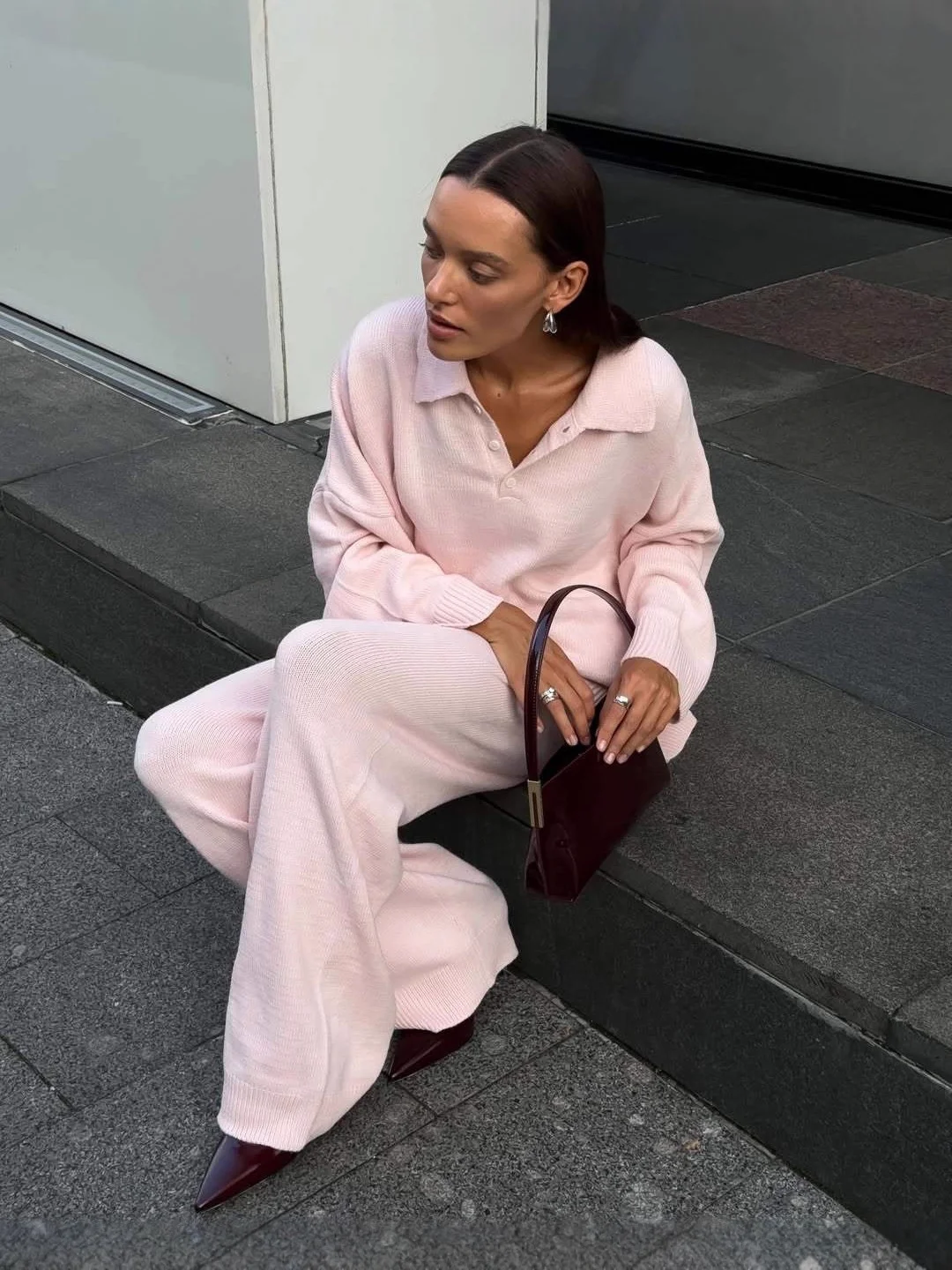 Athvotar Athvotar And Winter Solid-Color Lap-Over Sweater Set Women's Loose Knit Polo Collar Sweater Broad Leg Pants Two-Set