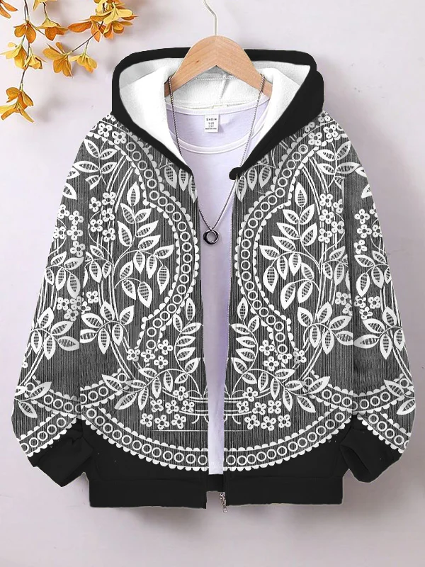 Women's Floral Lace Art Print Hooded Zip Up Jacket