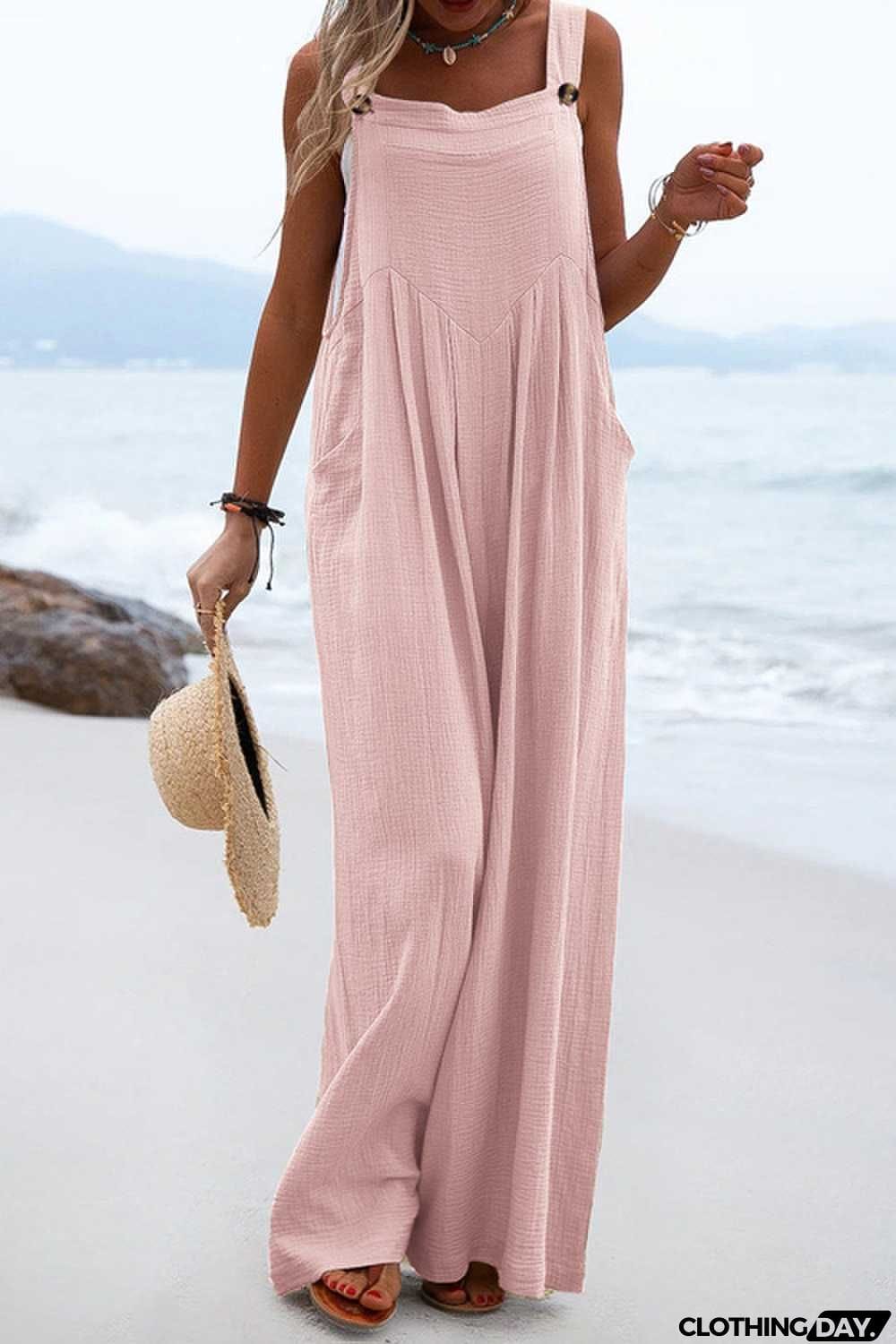 Solid Button Sling Wide-Leg Jumpsuit