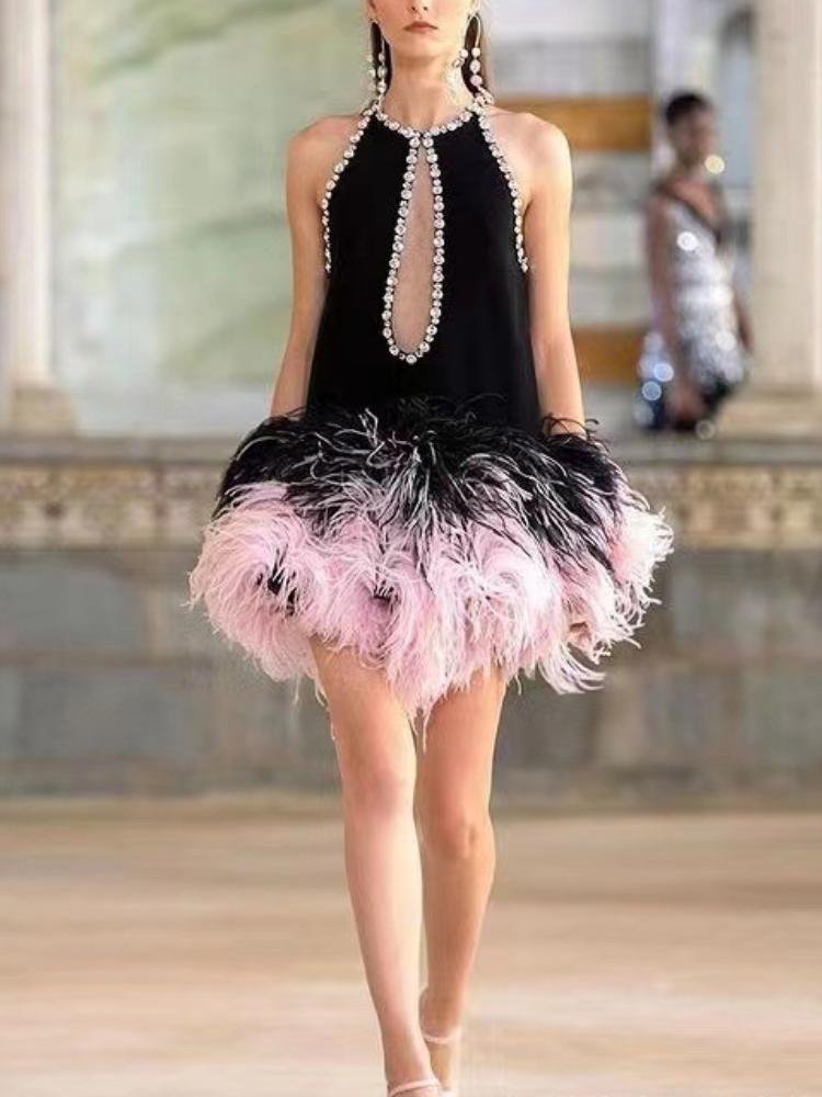 Neosepa-Noble Halter Neck Cutout Pearl Trimmed Pink And Black Feather Prom Dress