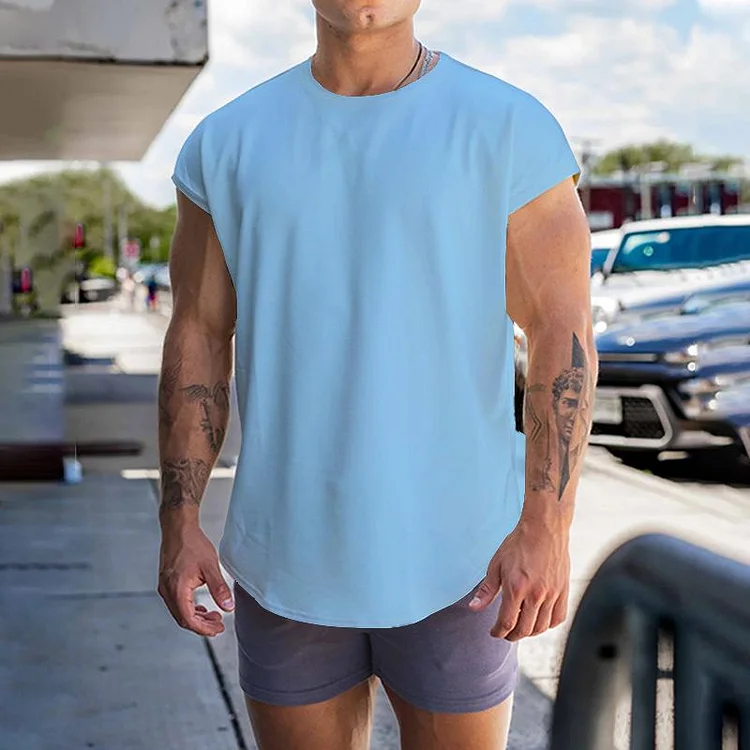 Men's Solid Loose Round Neck Half Sleeve Sports Fitness Tank Top