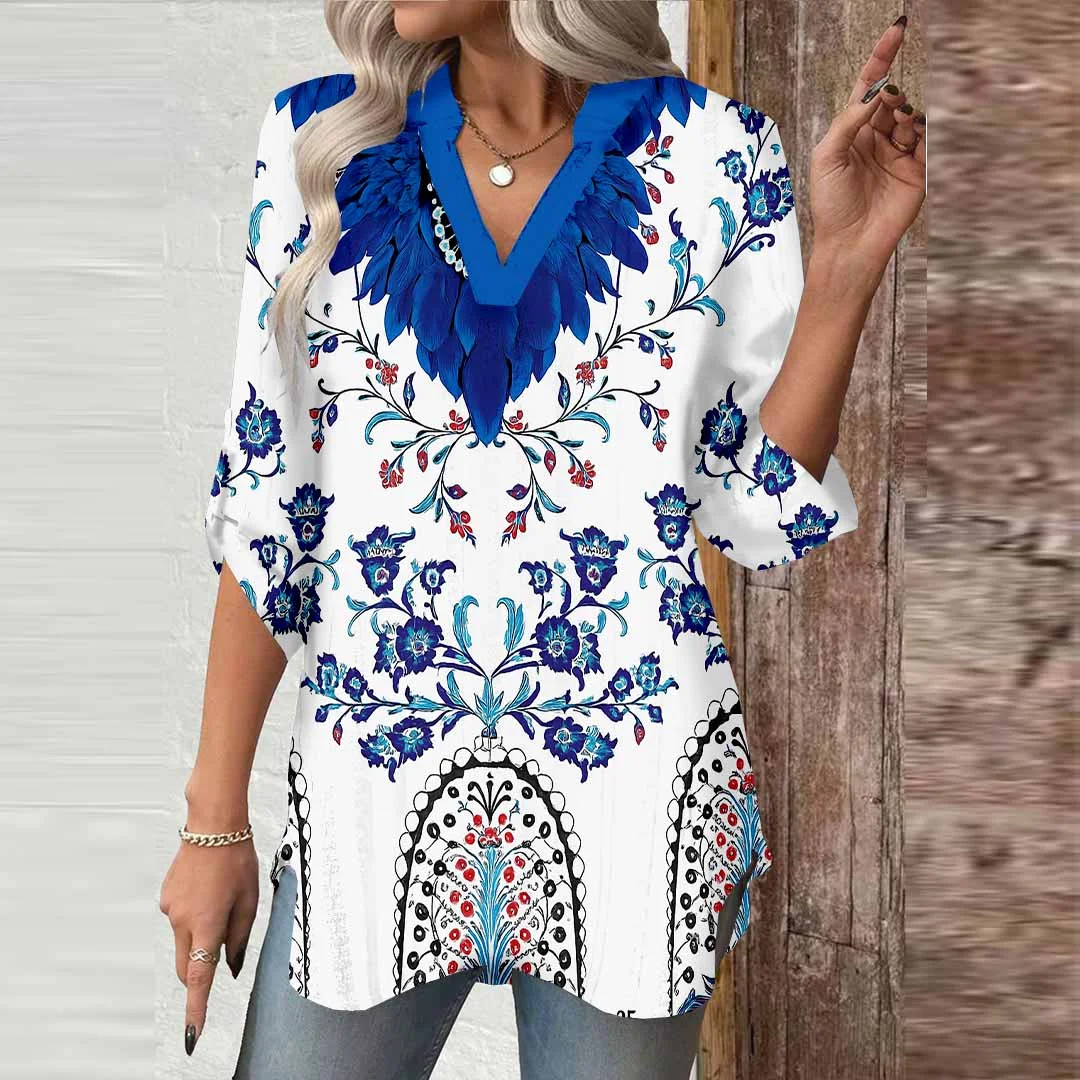 Women Retro,Blue,White DZGA0668 3/4 Sleeve V-neck Printed Graphic Button Tops