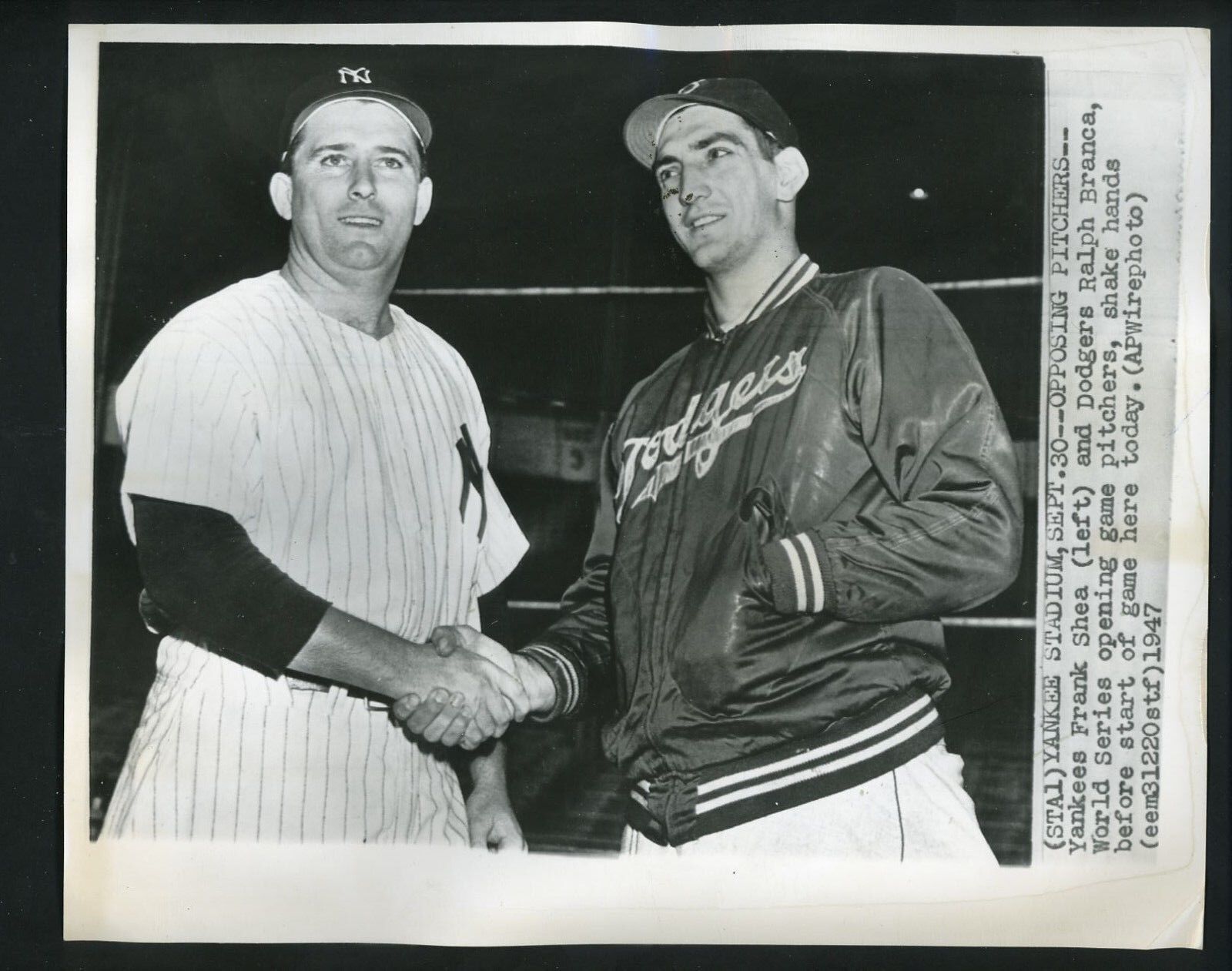 1947 World Series Game 1 pitchers Spec Shea Branca Press Photo Poster painting Yankees Dodgers