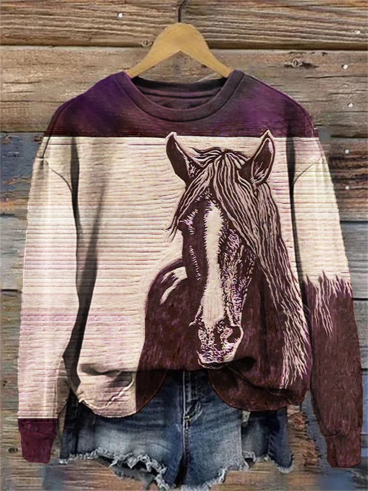 VChics Western Style Embossed Horse Print Casual Sweatshirt