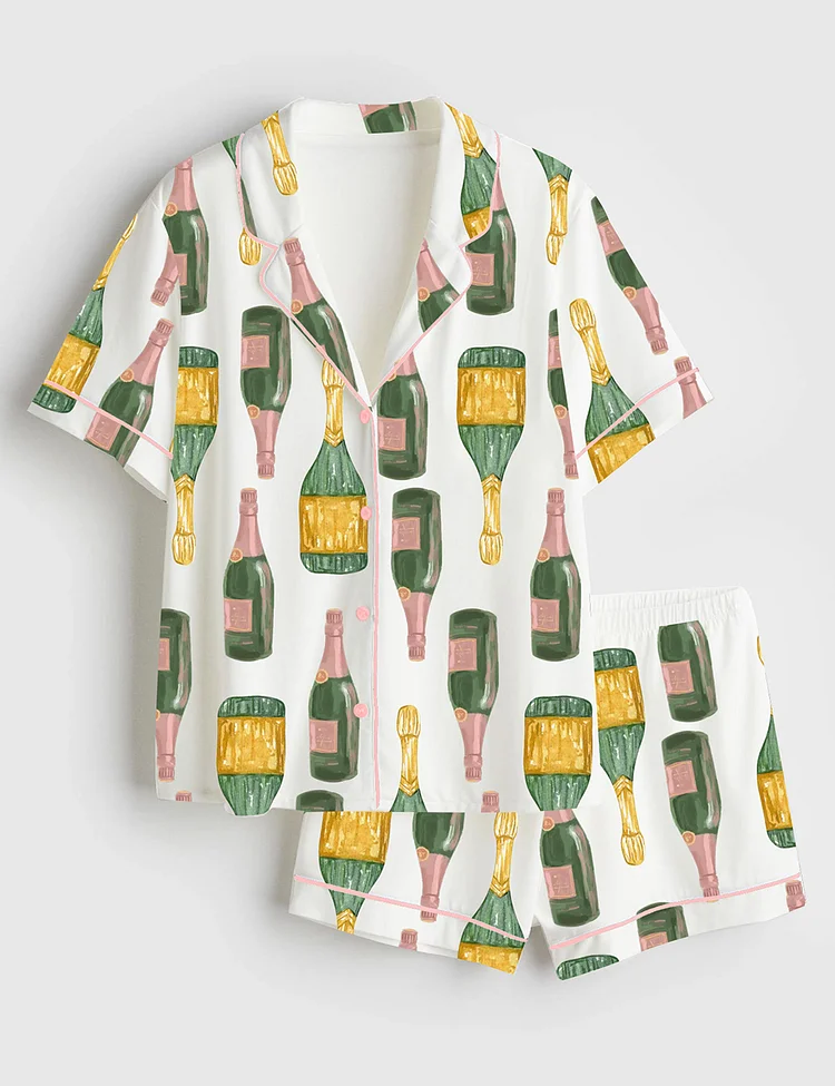 Women&rsquo;s Chic Champagne Celebrations Birthday Wedding Bridal Shower Champagne Lovers Short Sleeve Satin Pajama Set