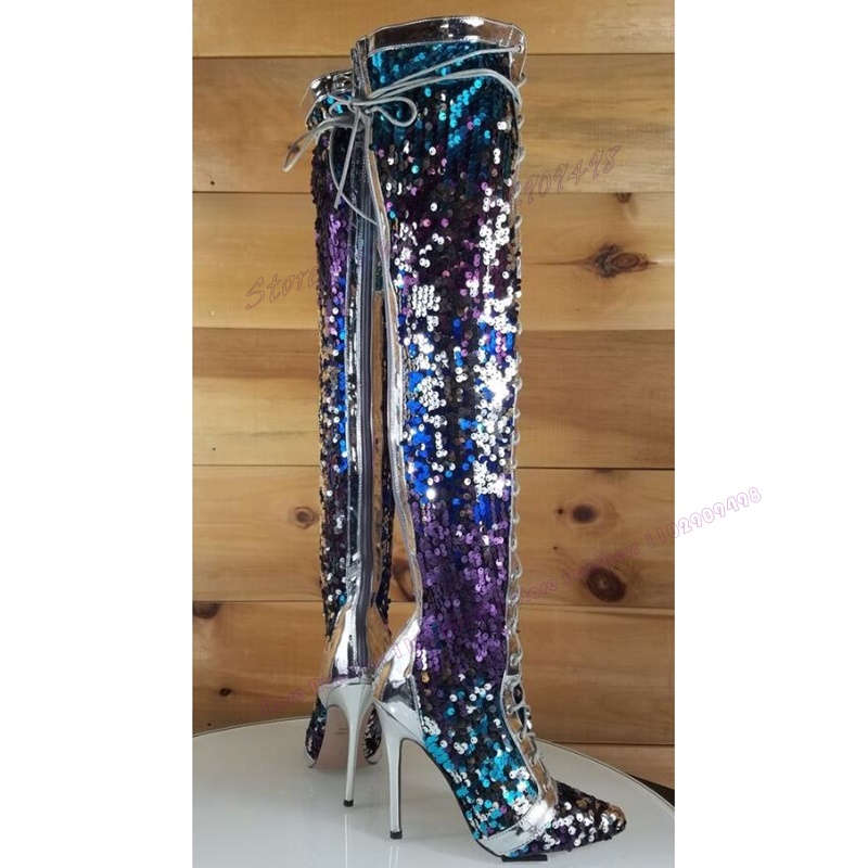 VCSHOES Sequin Decor Cross Tied Knee High Boots Pointed Toe Shoes For Women Thin High Heels Party Shoes Zapatos Para Mujere