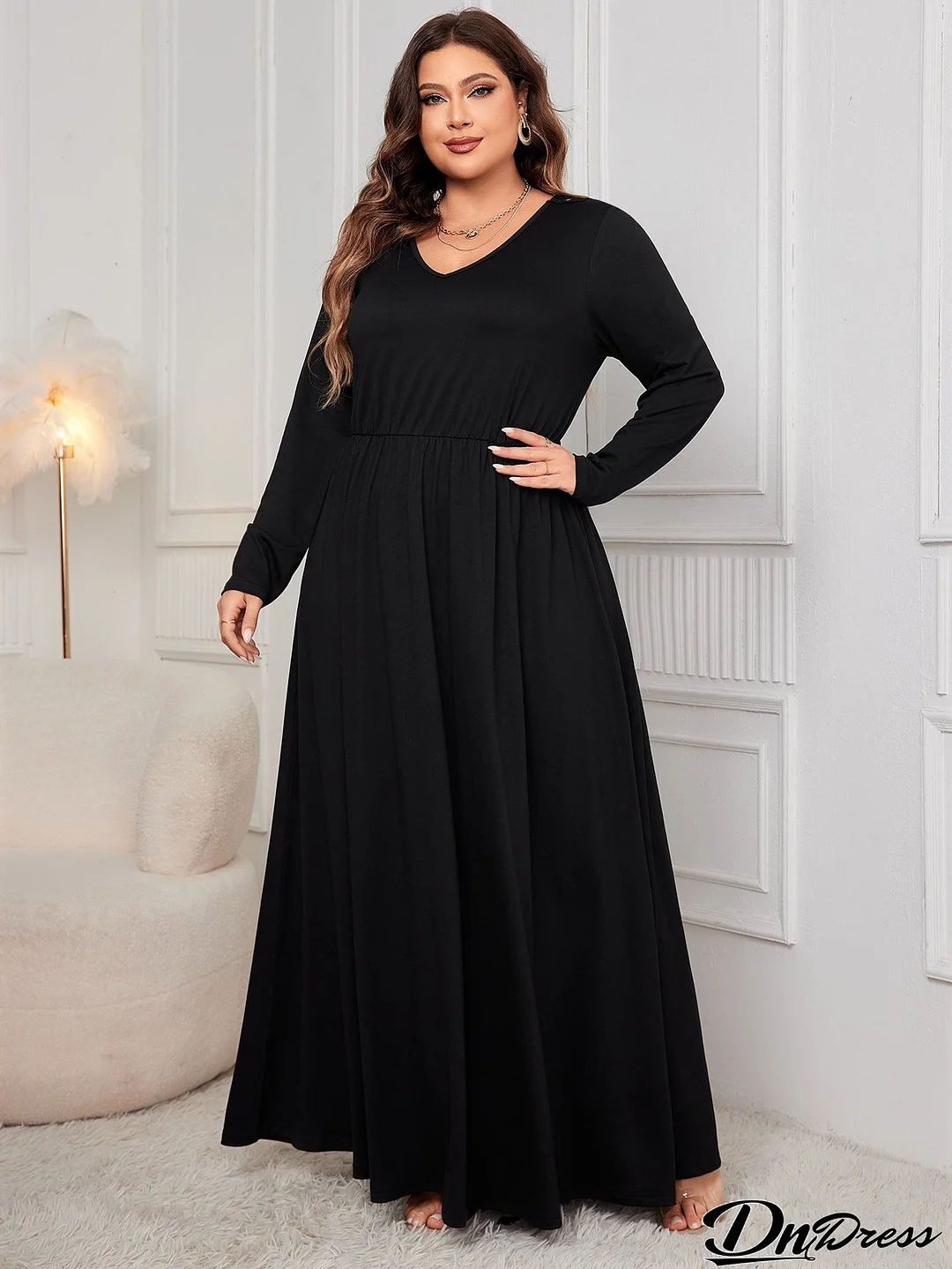 Plus Size Women Back Hollow Loose Long Sleeve Dress
