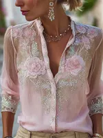 Classy Pink Roses Glitter Embroidered Flowy Linen Blouse