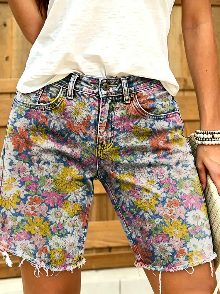 Ethnicity Bohemia Flowers Women's Art Print Casual Denim Shorts