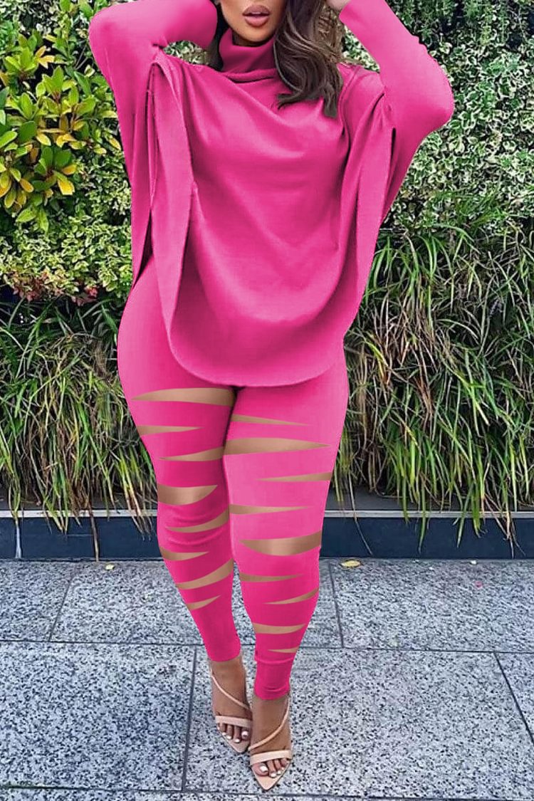 Xpluswear Plus Size Daily Hot Pink High Collar Long Sleeves Hollow Out Sweatpants Set
