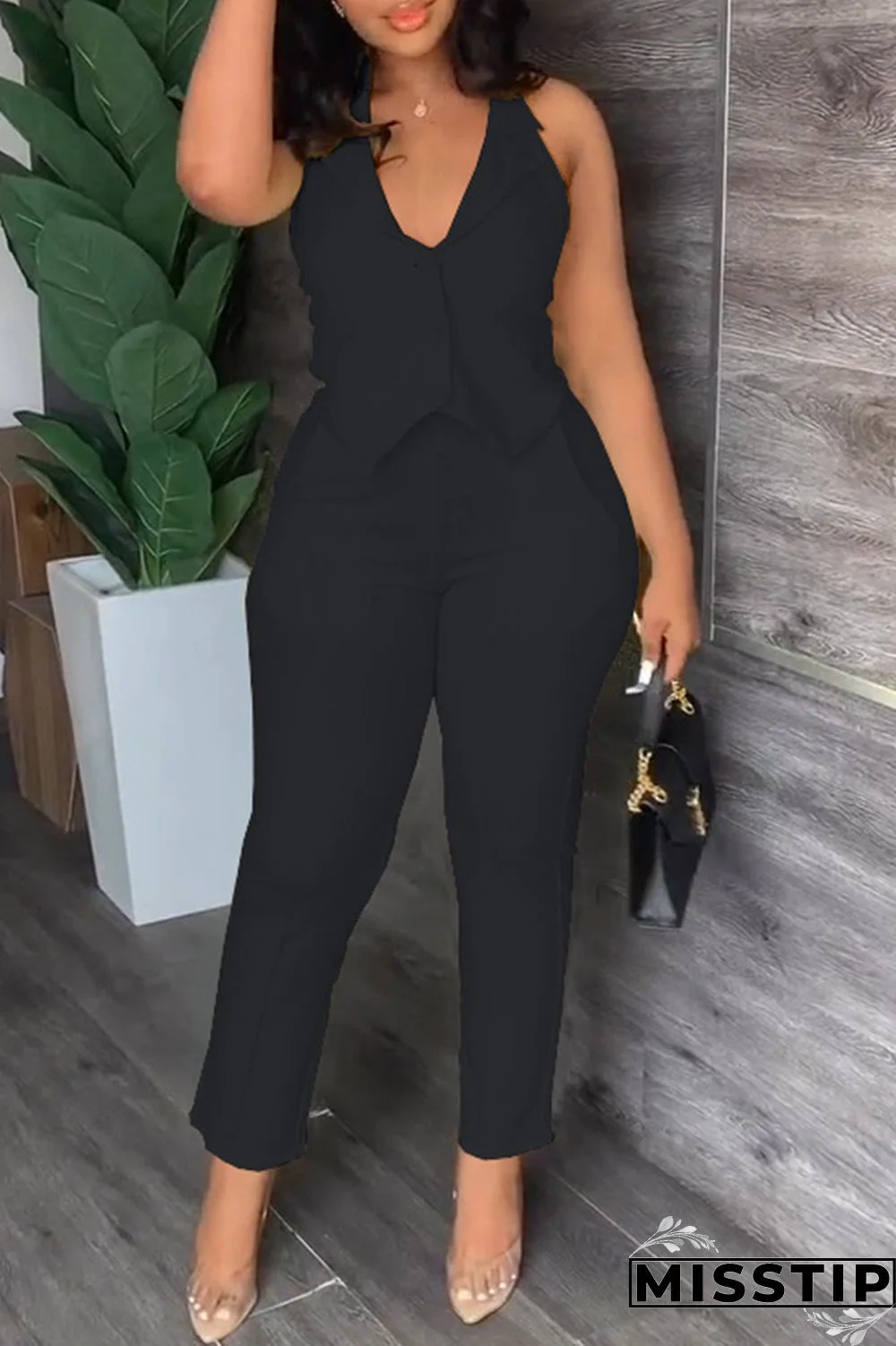 Black Casual Solid Backless Halter Sleeveless Two Pieces