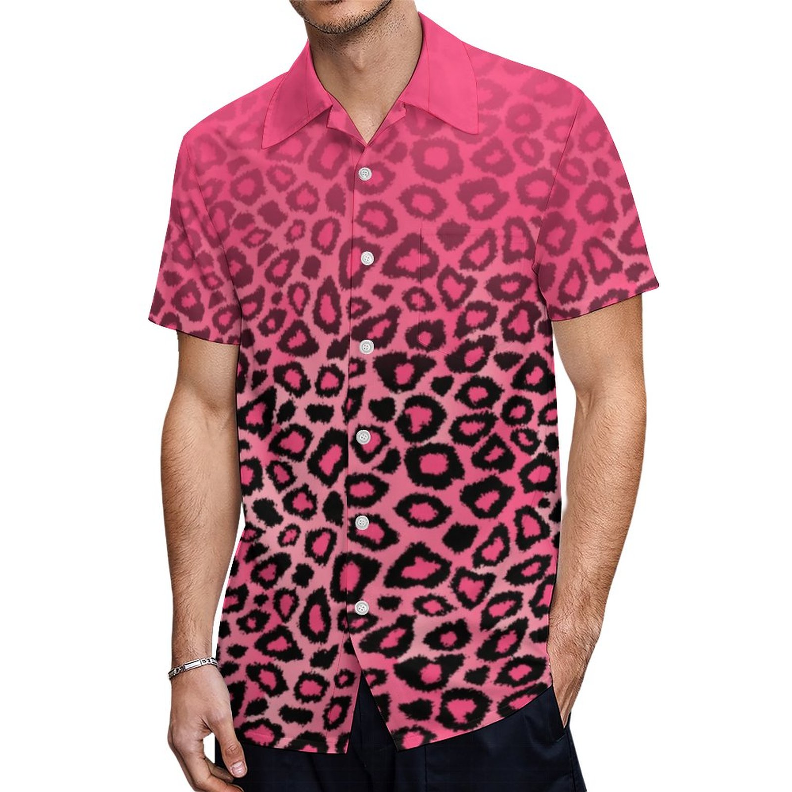 Gradient Hot Pink Leopard Animal Skin Print Hawaiian Shirt Mens Button Down Tropical Hawaii Beach Shirts