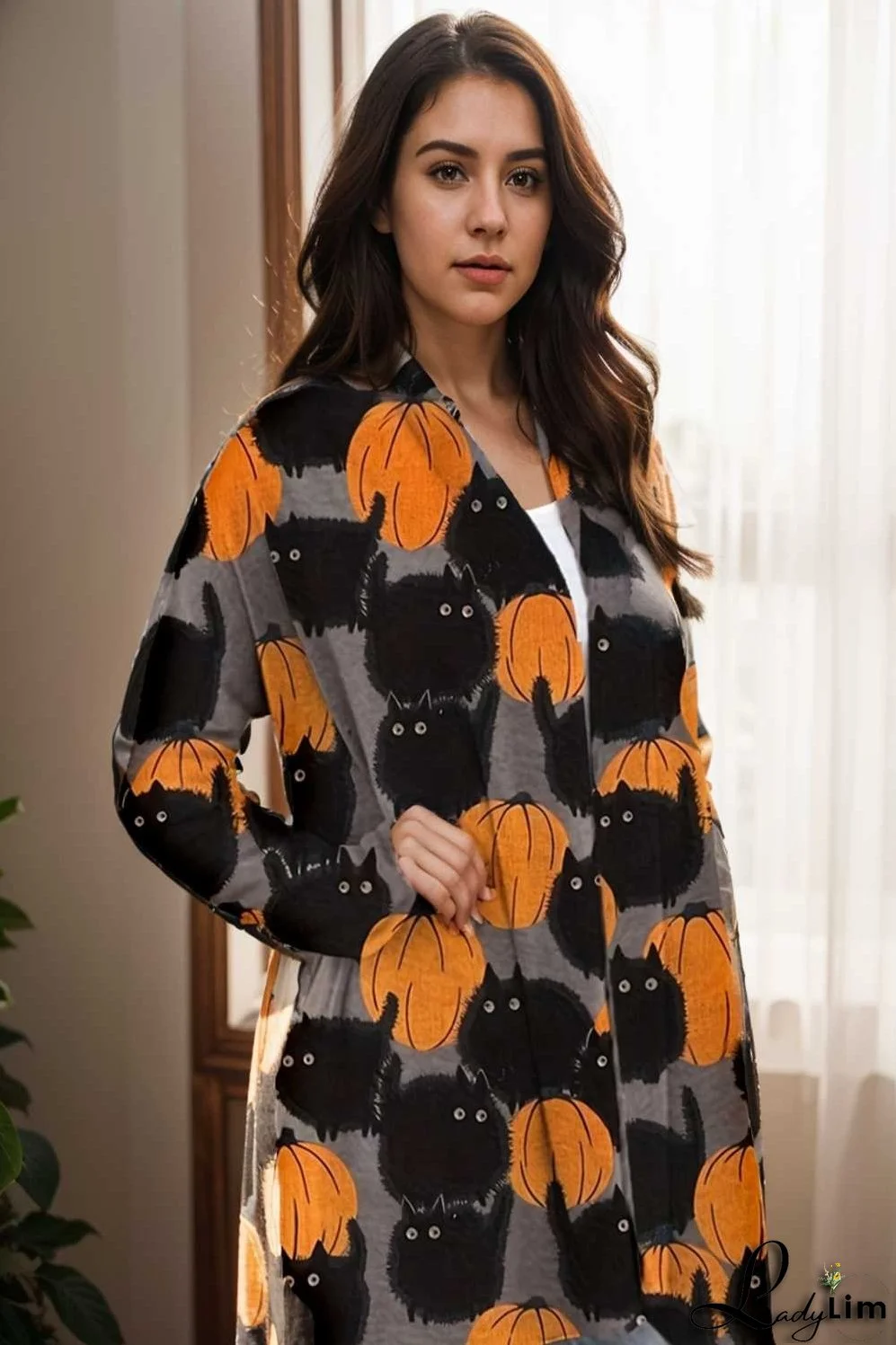 plus size halloween coat women s pus allover cat pumpkin print long sleeve open front medium stretch cardigan overcoat