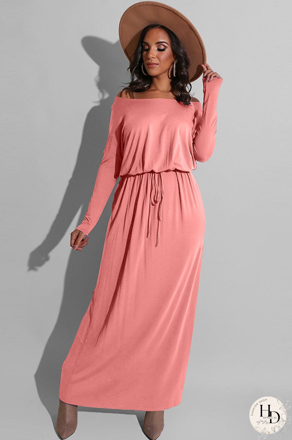 Blue Milk. Celebrities Off The Shoulder Long Sleeves One word collar Step Skirt Ankle-Length Solid