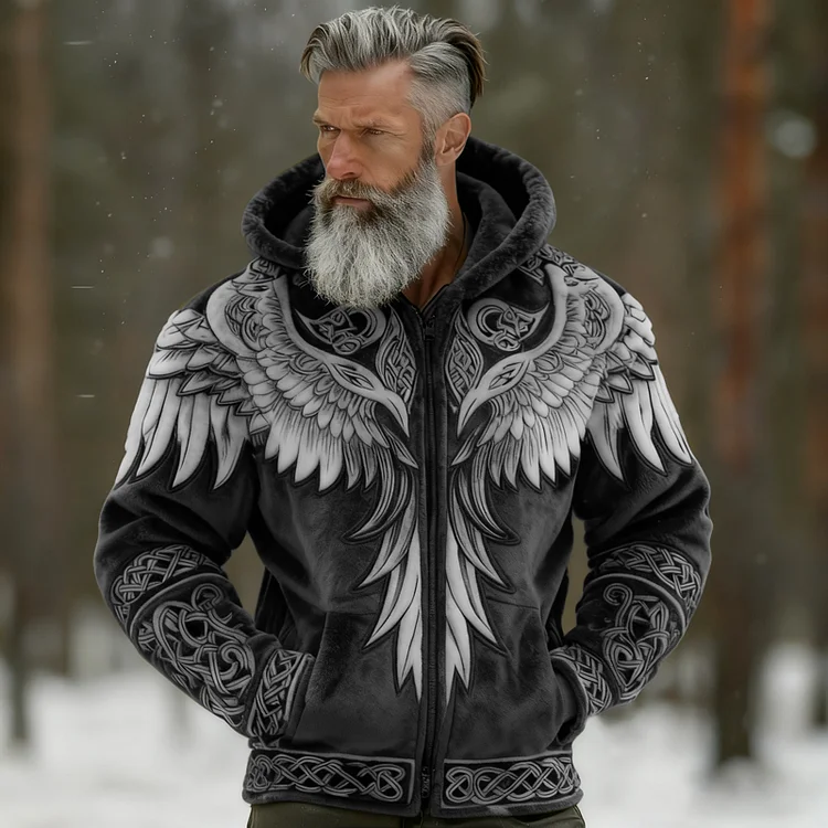 Men's Viking Tribal Jacquard Celtic With Wings Inspired Art Plush Warm Zipped Hooded Jacket