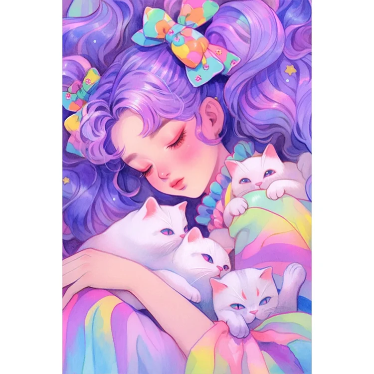 Full Round Diamond Painting - Cat And Colorful Girl 40*60CM