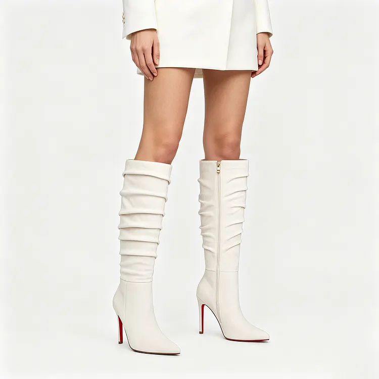 100mm Women Knee High Boots Pointed Toe Stiletto  Pleats Suede Tall  Red Bottom Boots VOCOSI VOCOSI