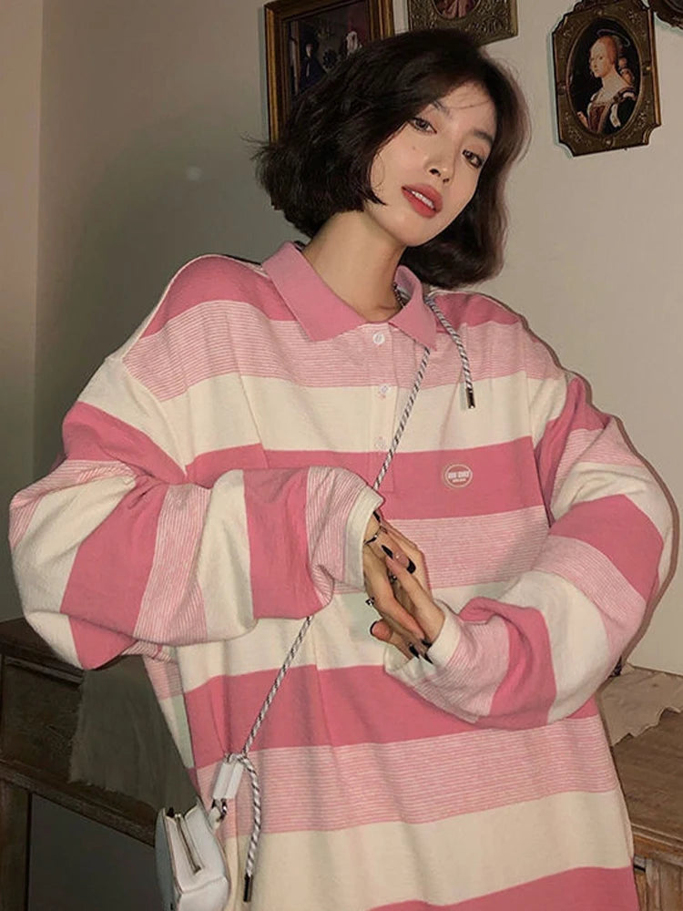 OLCooL 2024 Fall Fashion Pink Striped T Shirt Women Spring Autumn Long Sleeve Oversized Casual Tops Korean Fashion Preppy Style Sweet Kawaii Sweatshirts olcool
