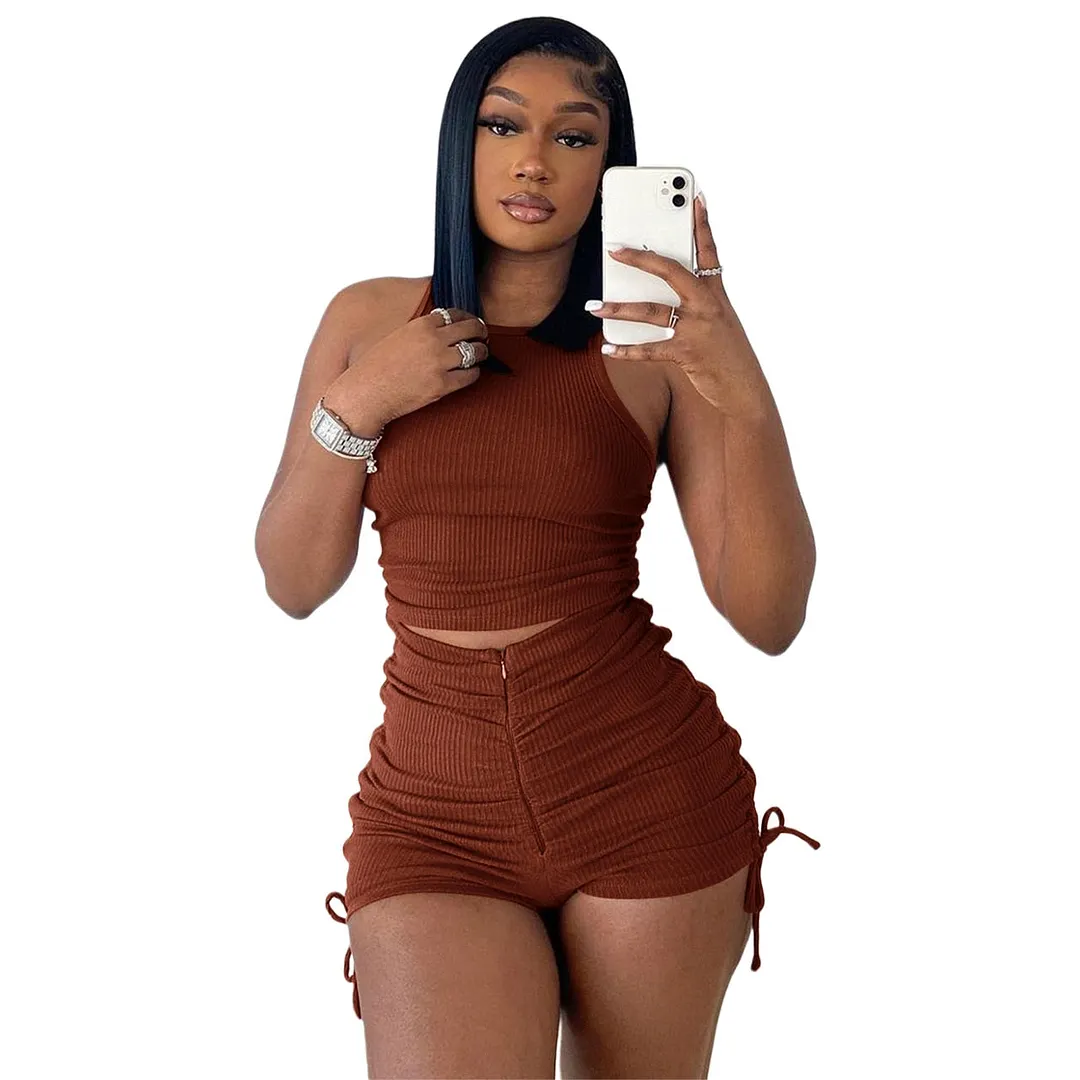 Women Summer Shorts Sets Casual Solid Color Two Pieces Ribbed Sports Suits Sleeveless Crop Tank Tops High Waist Zip Shorts