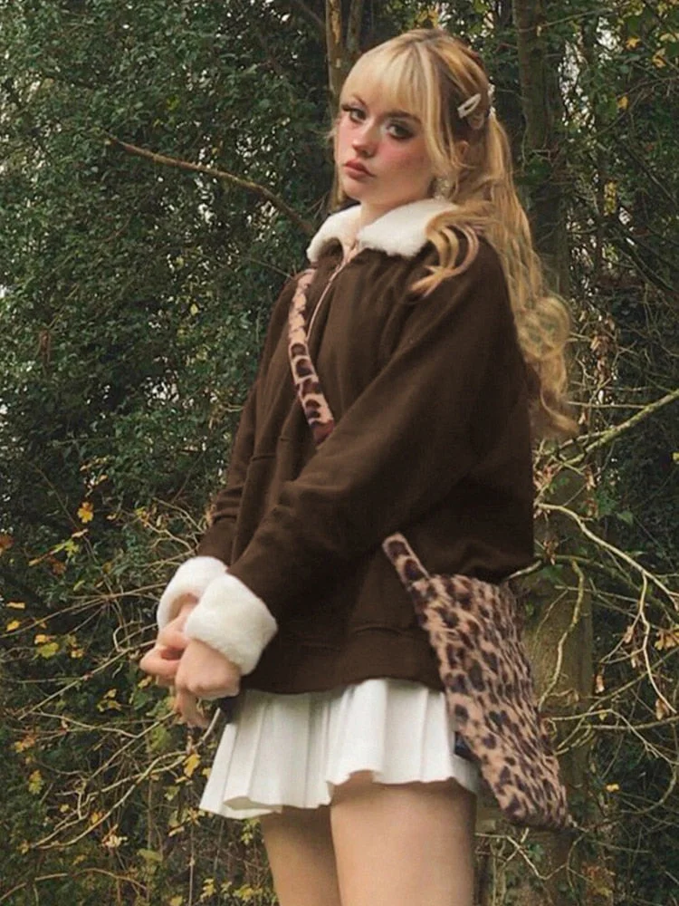 Rapcopter y2k Fur Jackets Loose Brown Grunge Fairycore Coat Turn Down Collar Zipper Prepply Sweatshirts Women Chic Outerwear 90s