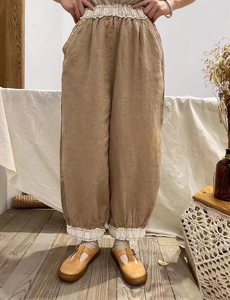 Queenfunky cottagecore style Loose Fit Linen Cropped Pants QueenFunky