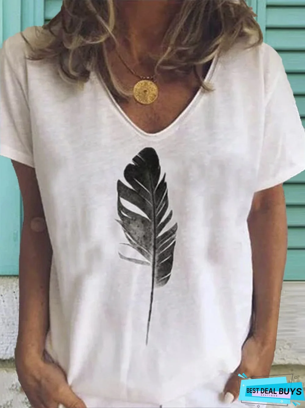 Women White V Neck Graphic Casual Cotton-Blend T-shirt