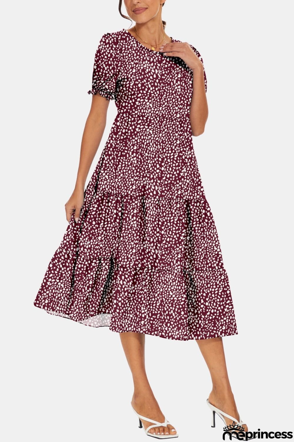 Round Neck Flounce Sleeve Midi Dress