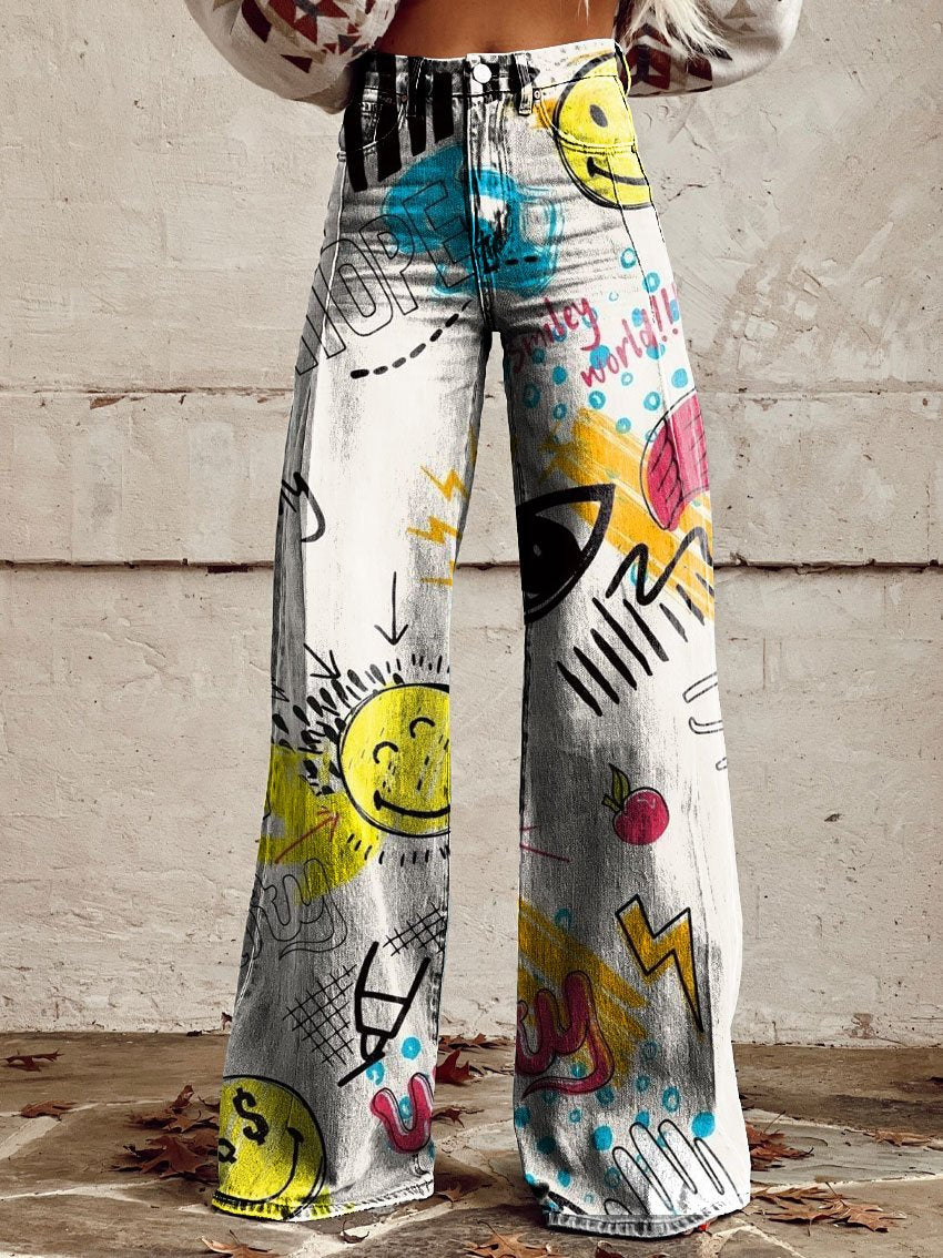 Women's Vintage Print Casual Wide Leg Pants